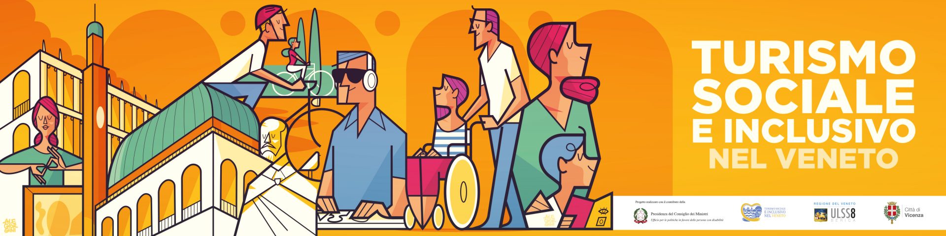 Illustrazione colorata in stile geometrico per il progetto 'Turismo Sociale e Inclusivo nel Veneto'. L'immagine mostra diverse persone con e senza disabilità che visitano i monumenti di Vicenza, inclusa la Basilica Palladiana. Sono rappresentate persone in sedia a rotelle, che usano la lingua dei segni o con disabilità visiva, a simboleggiare l'accessibilità universale.